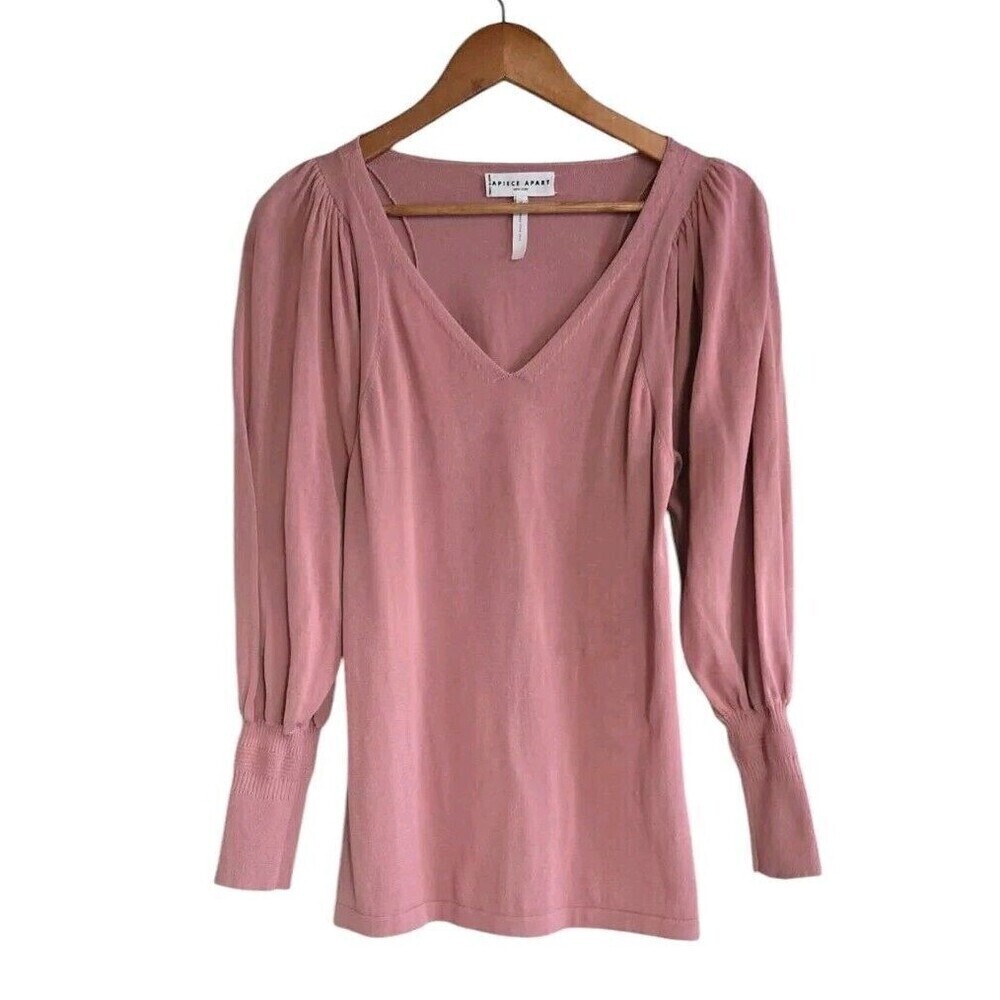APIECE APART Sweater Pink VNeck Puff Sleeve Knit Size Medium V-Neck Cotton